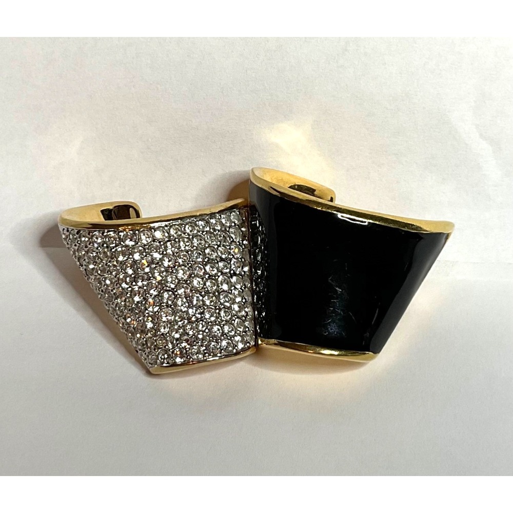 Vintage Swarovski Brooch Gold-tone Black Enamel + Crystals Curved 80's Retro Y2K